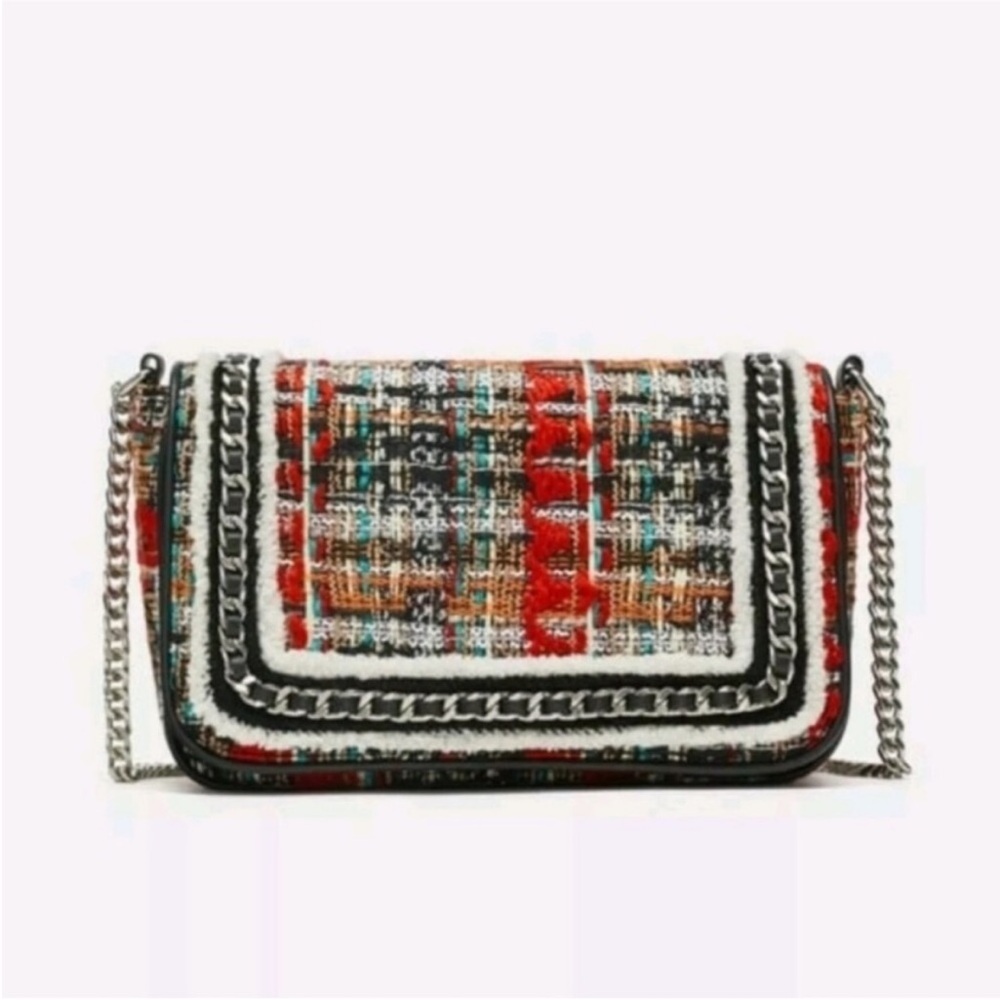 Zara Tweed Chain-Trim Crossbody Bag